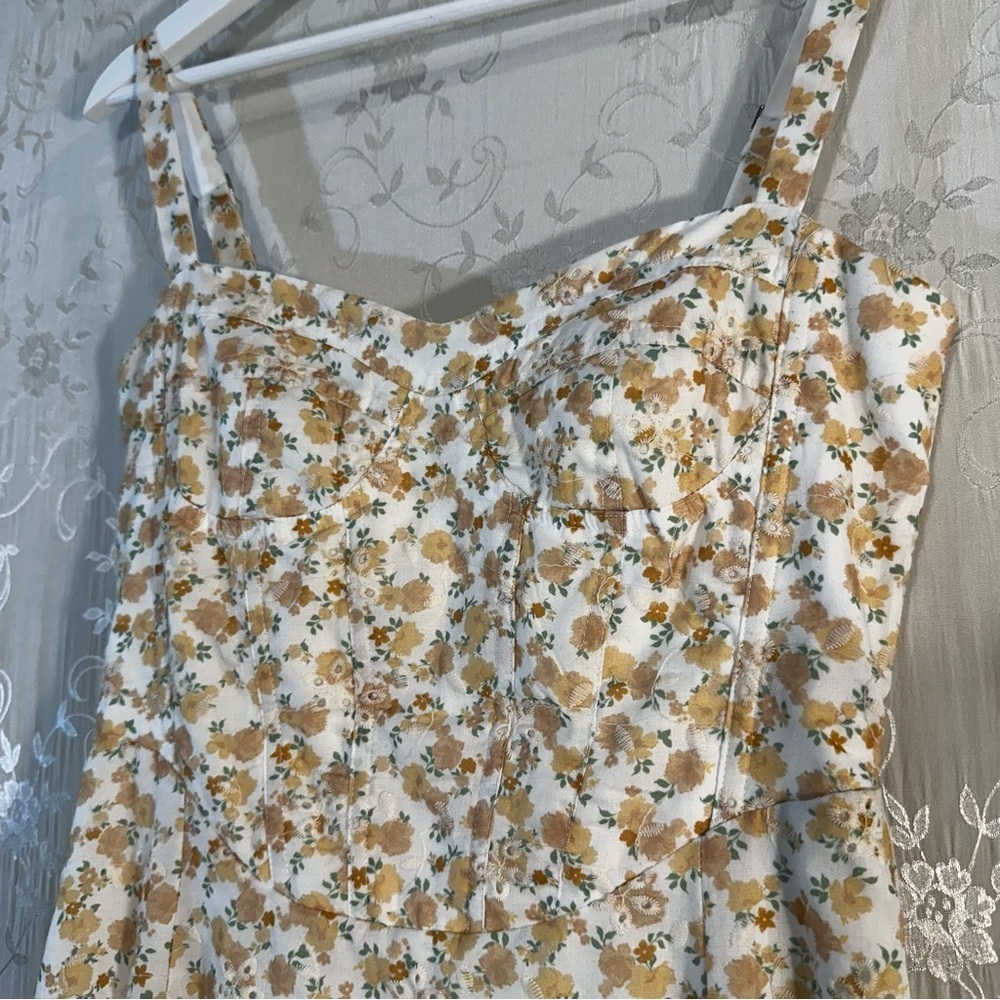Moon River Cream Yellow Floral Print Lace Corset Midi Dress Small Brunch Girly - Picture 10 of 15